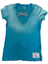 True Religion Womens S Teal Ombre V-Neck Graphic Tee Cotton Casual Style Sequenc