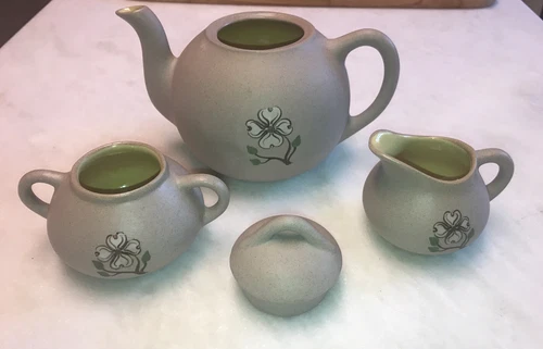 Pigeon Forge Pottery Tea Pot Creamer Sugar Dogwoods Tan Yellow Inner Glaze