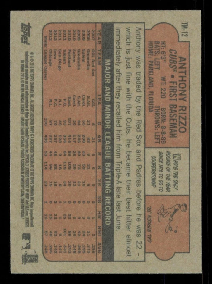 2013 Topps 1972 Minis Anthony Rizzo Chicago Cubs #TM-12 - Image 2 of 2