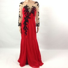 F16 Womens Long Dress Sequin Applique Front Slit Illusion Neck Red Black Beige L