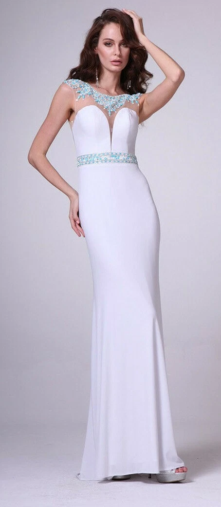 SHEER Open Back Aqua Sequins Spandex bodice Long Evening Gown prom Formal dress