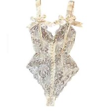 Victorias Secret Gold Label Vintage Cream Lace Bow straps Bodysuit sz S