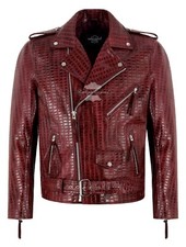 Men's BRANDO Slim Fit Red Waxed Croc Print Cow Leather Jacket Biker Racer Jacket