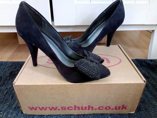 SCHUH BLACK Court Faux Suede Bow Diamante EVENING Stiletto Party Evening UK 3 - Picture 6 of 8