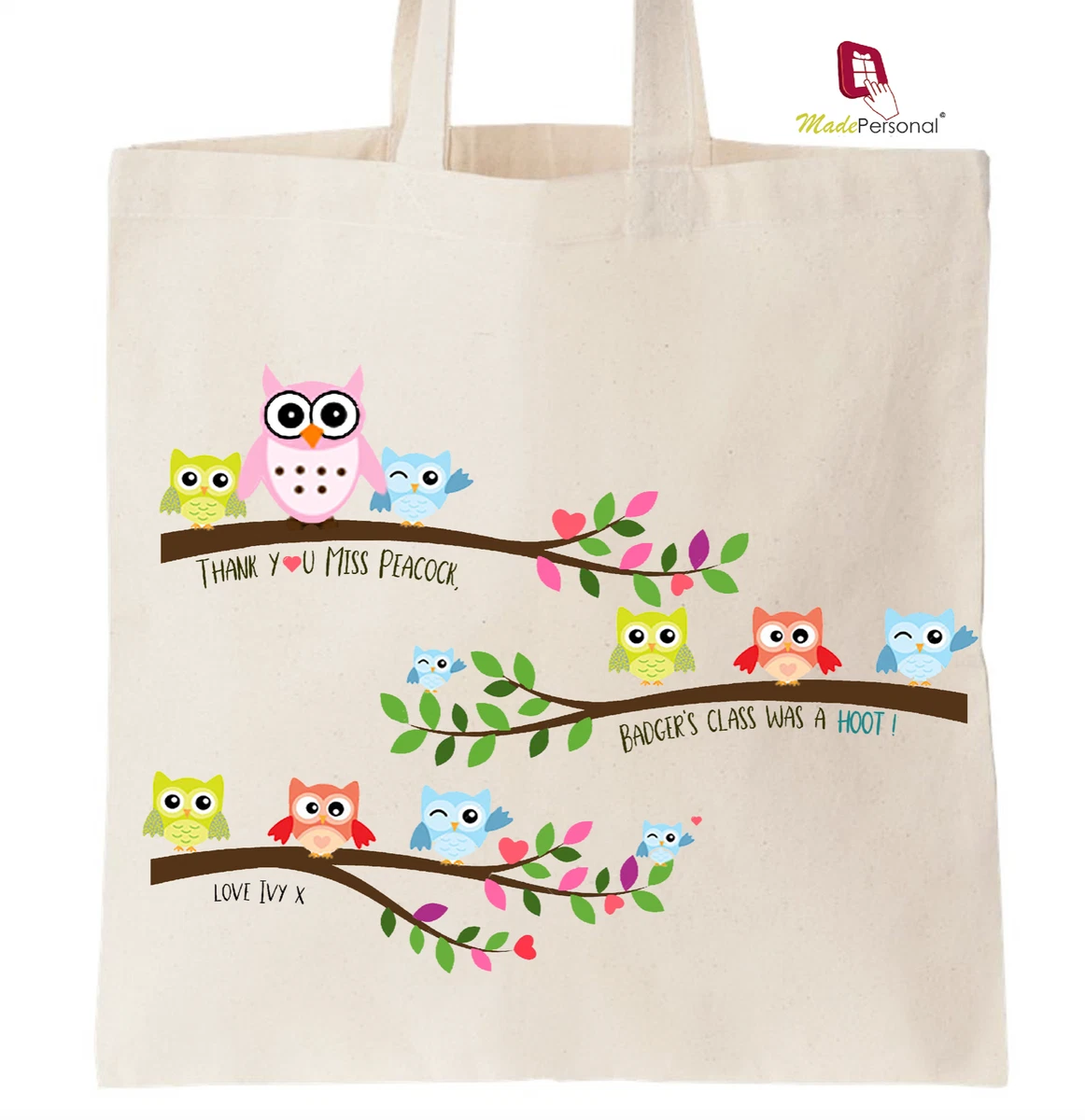 PERSONALISED Thank You Teacher School Gift Cotton Tote Bag- Owl Design-  Large