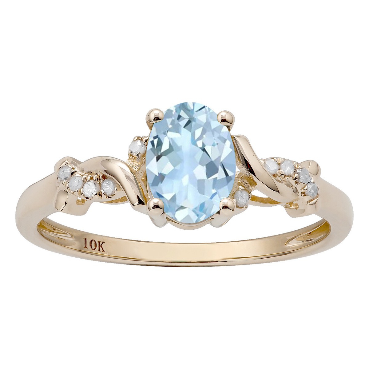 10k Yellow Gold Oval Aquamarine and Braided Diamond Accent Ring