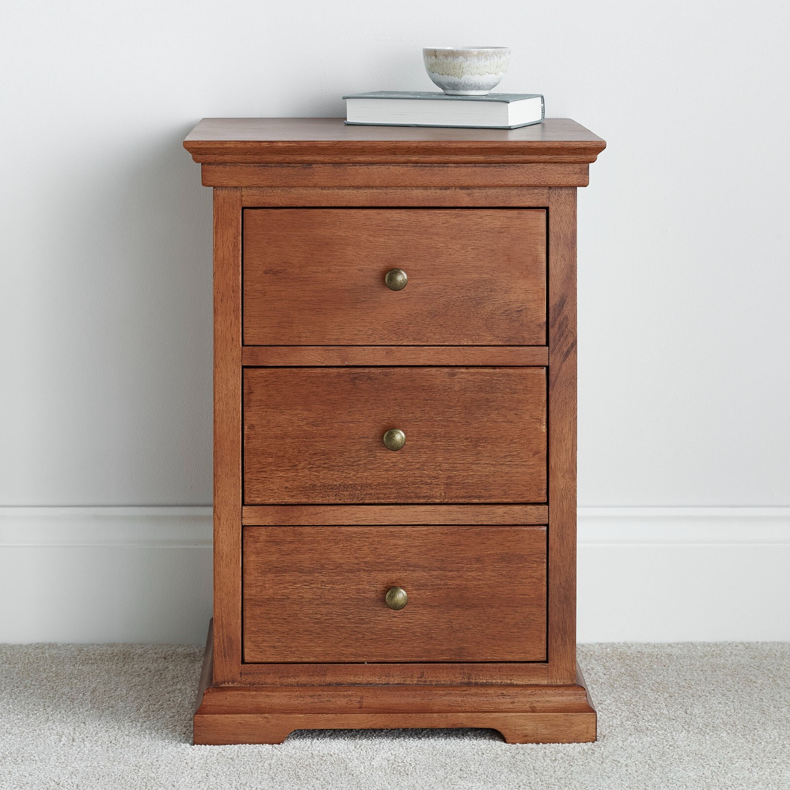 French Style Toulon Wooden Mahogany Finish 3 Drawer Bedside By Time4Sleep
