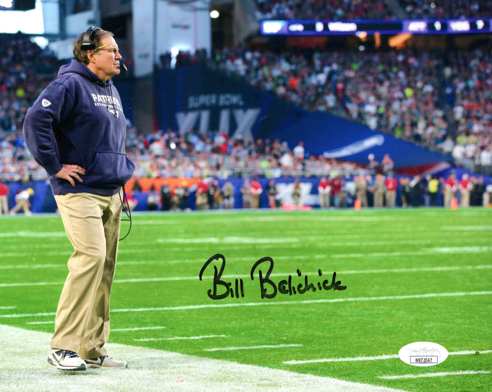 BILL BELICHICK HAND SIGNED 8x10 COLOR PHOTO    ON SIDELINES AT SUPER BOWL    JSA