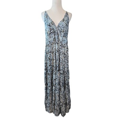 White Waves Blue Gold Foil Abstract Tiered Maxi Dress NWT Womens L/XL