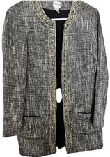 Chico's Textured Tweed Jacket Sz Small W/ Jewel Beaded Trim Open Front 3/4 Sl