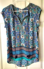 DR2 Daniel Rainn Blouse Womens XS Blue Multicolor Capped Sleeves Tassels