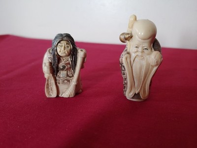 Vintage Netsuke Figurine Set - Rotating Face - Resin Epoxy Signed Japan
