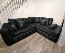 Luxury | Lilly Corner Sofa | Chaise End | Black Velvet | Extra Pillows & Pouffee