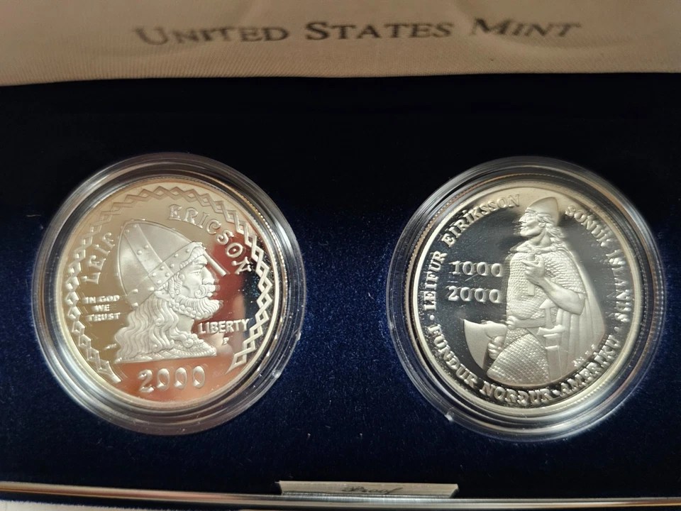 2000 US Mint Leif Ericson Millenium Silver  2- Coin Set W/OGP and COA - Image 3 of 4