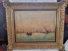 Antico dipinto ad olio di Victor Coste (1844-1923) - Scena mistica del porto, France 