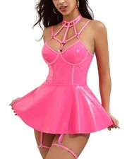 Leather Lingerie Set for Sexy Strappy Underwire Dress with Garter Belt Mini P...