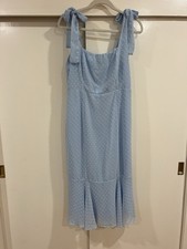 Lulus Light Blue Dot Fit & Flare Long Dress L Tie Straps Coquette Cottage