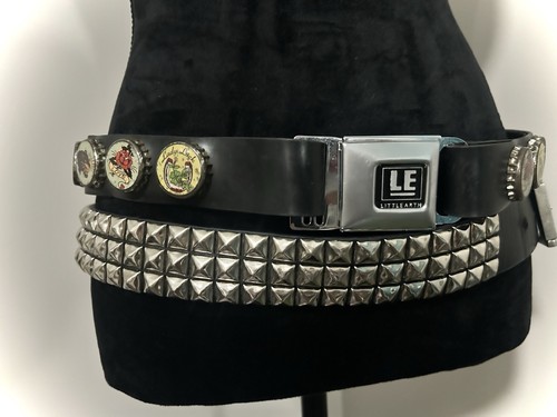 2 Vintage Y2K Grunge Punk Seatbelt Buckle Bottle Caps & Black Goth Studded Belts