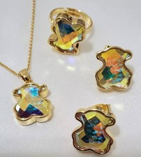 Gold Plated Stainless Steel Bear Jewelry Set Necklace Earrings Ring Women