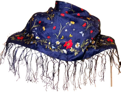 Codello Square Fringe Scarf Blue Jacquard Butterflies Ladybugs Red Blue Flowers