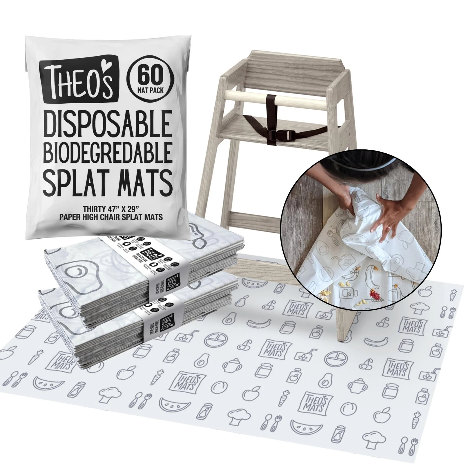 60 Pack | Disposable Splat Mats | MATS | Highchair Splat Mat for Floor | Baby...