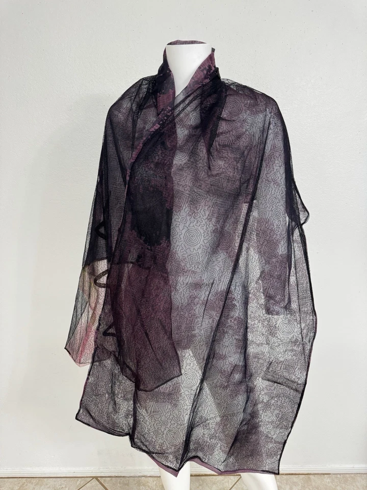 Christian Lacroix Vint. Black Chantilly Lace W Plum Silk Scarf Shawl 30” x 80” - Image 2 of 4