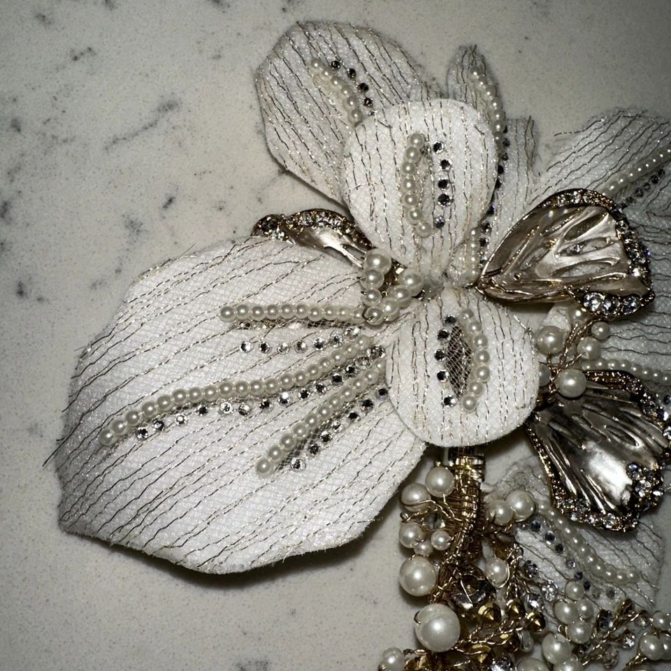David's Bridal Floral Gold & White Rhinestones & Pearls Hair Clip - Image 4 of 4