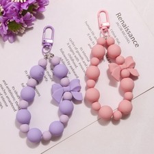 Pink Pearl Bow Phone Keychain Cute Macaron Bead Wrist Lanyard Anti-Lost Phone