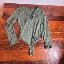 REORIA Womens Long Sleeve Deep V Neck Bodysuit Olive Green Medium Snap Crotch