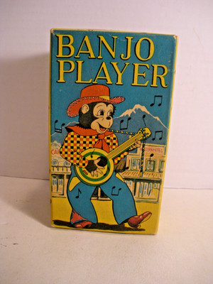 Vintage Windup Toy Banjo Player SK Super Toys Toyland Empty Box Cowboy Monkey 7''