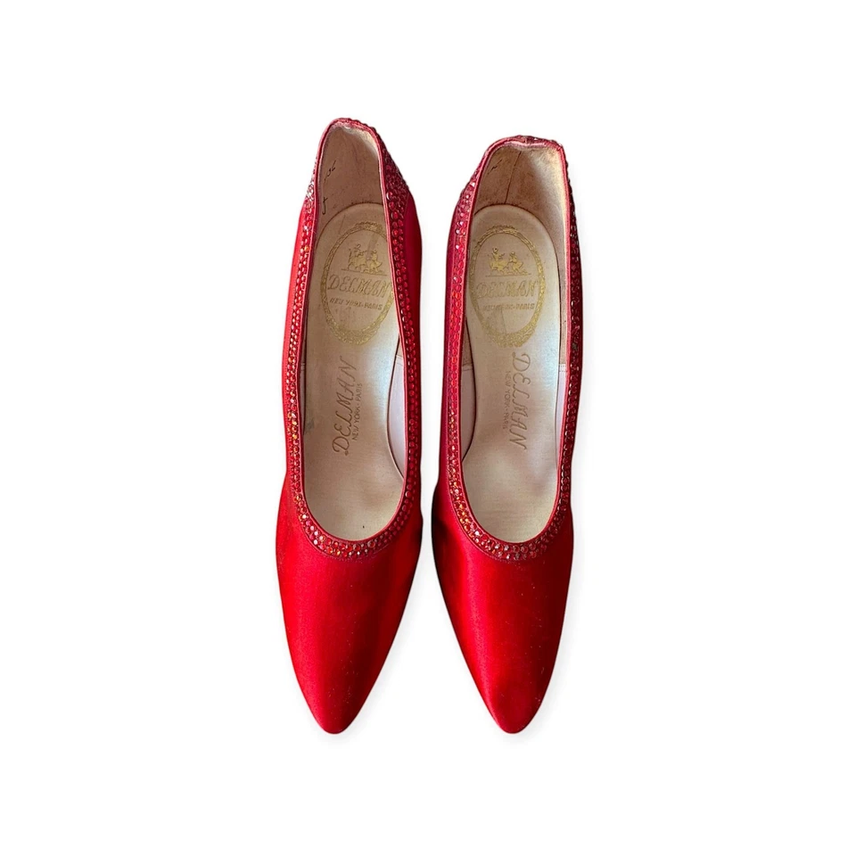 Zapatos de salón de cóctel vintage Delman rojo satinado estrás años 50 talla 6B Foto 4 de 4