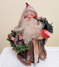 Vintage Santa Claus Christmas Sculpture Signed Handcrafted Wood, Clay  Fabric