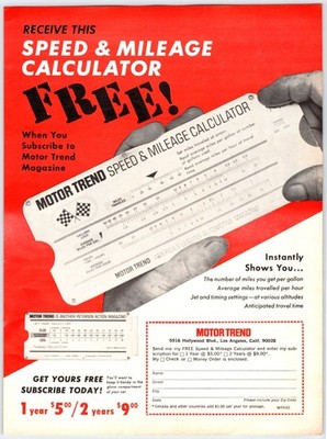 1969 MOTOR TREND SPEED & MILAGE CALCULATOR AD Vtg 8''X11'' Magazine Ad 1960's M783