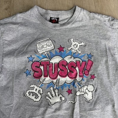 Vintage Stussy T-Shirt Mens Medium Gray Skate Streetwear Skull