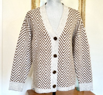 Ann Taylor Sweater M Neutral Brown & Gray Chevron Thick Knit Button Up Cardigan