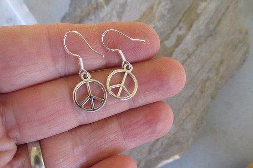 Peace symbol charm drop dangle boho hippie sterling silver hook earrings. - Picture 2 of 3
