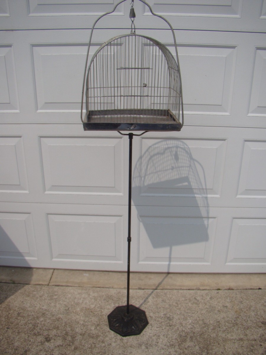 Vintage Antique Bird Cage with Stand w/ Octagon Cast Iron Base w/ Detail