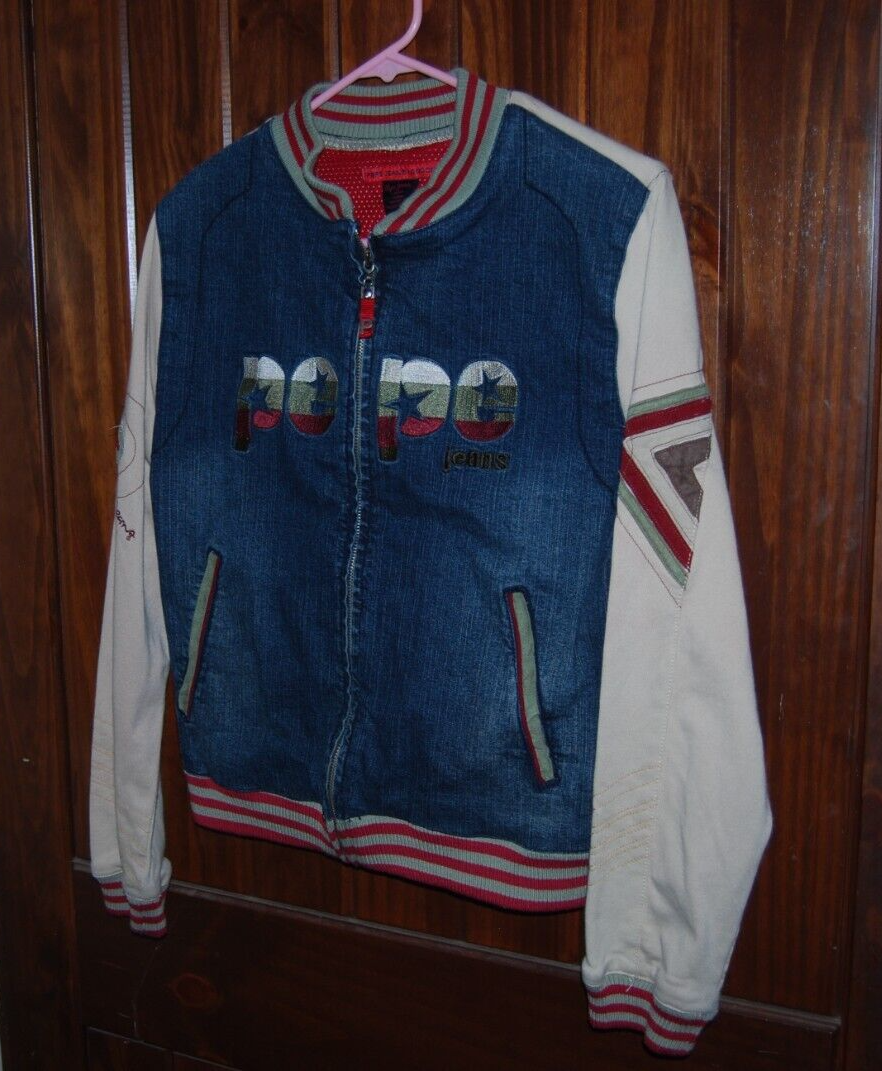 PePe Jeans London Bomber Varsity Denim Jersey Jacket, Embroidered Teens