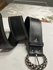 Chico's Black Wide Leather Belt Braided Silver Buckle Made In Morocco Sz Small