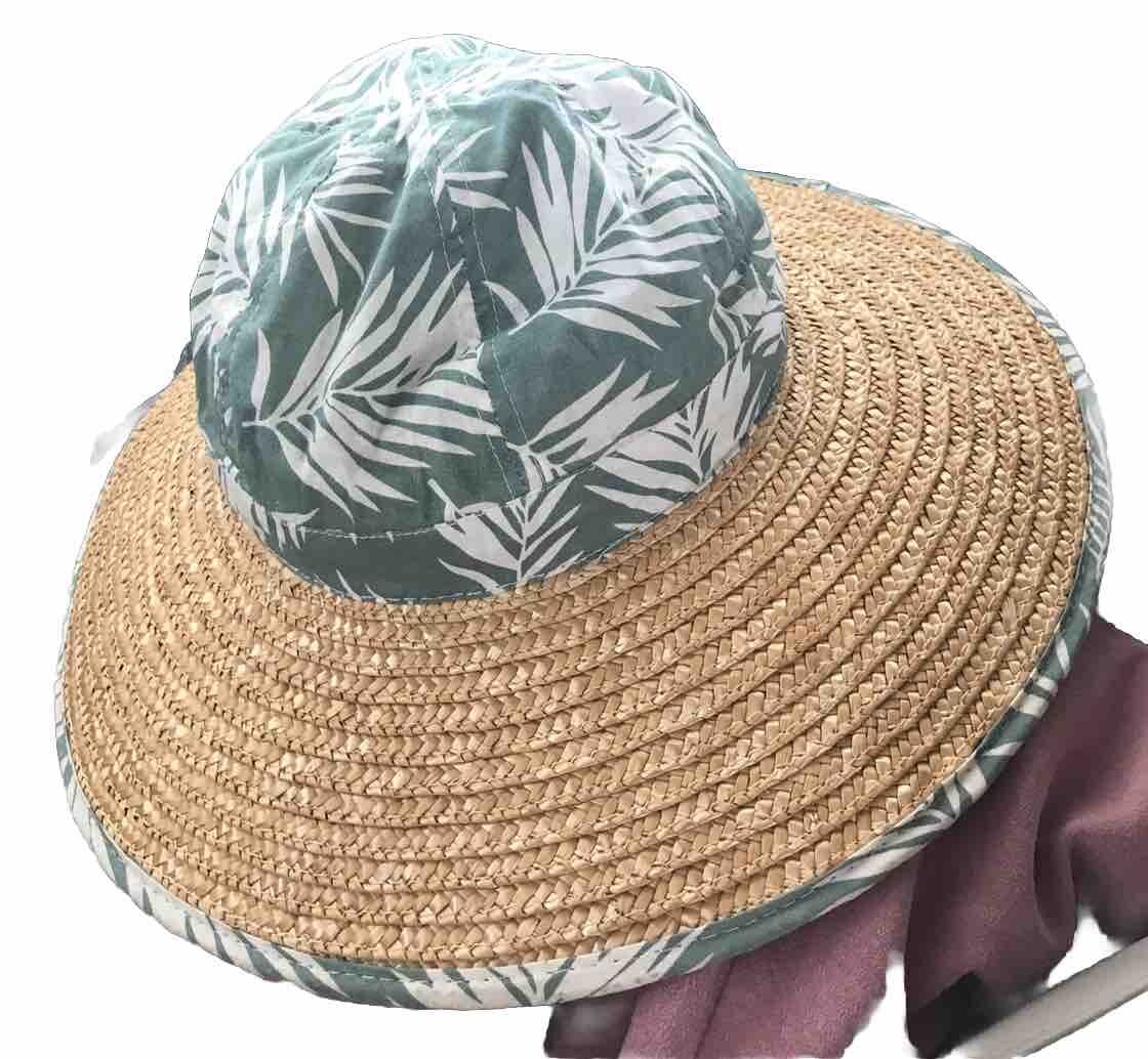 Sun Hat Tropical Trends Straw Fabric Big Brim Green Floral