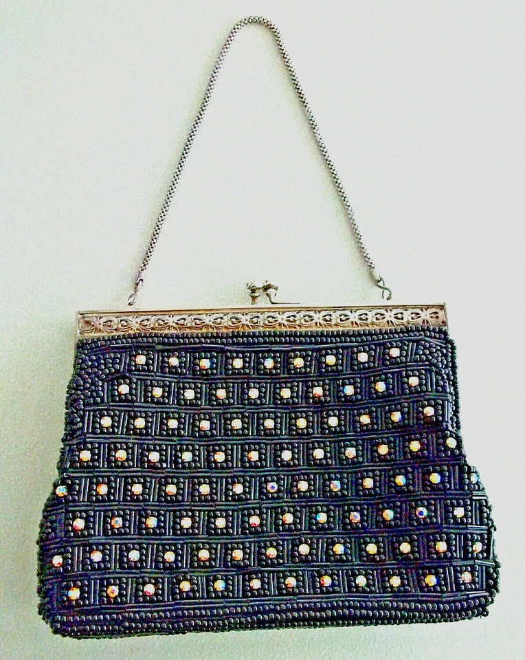 Antique Black BEAD Iridescent CRYSTALS Metal Frame HIDE AWAY CHAIN Clutch Purse - Image 3 of 4