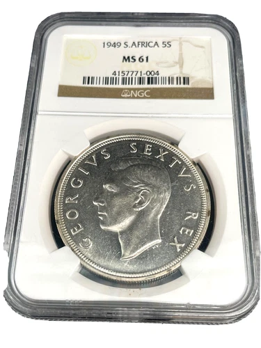 1949 SILVER 5 SHILLINGS MS61 NGC SOUTH AFRICA 5S UNC George VI