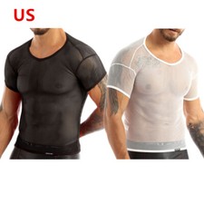 Men's See Through T-Shirt Mesh Sheer Short Sleeve Shirts Tops Muscle Fitness Tee