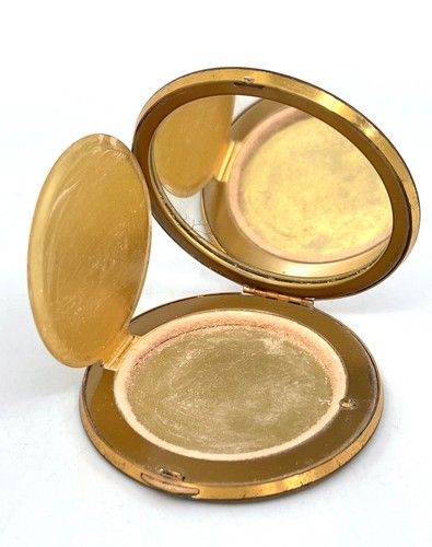Wadsworth Powder Compact 1940s Brass Etched Florals on Sparkly Black 3in Vintage - Afbeelding 5 van 17