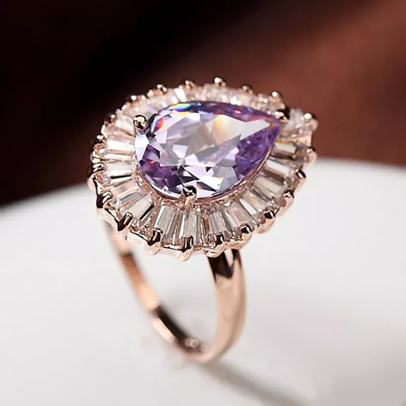 18K Rose Gold Filled Made With SWAROVSKI Crystal Gorgeous Teardrop Purple Ring