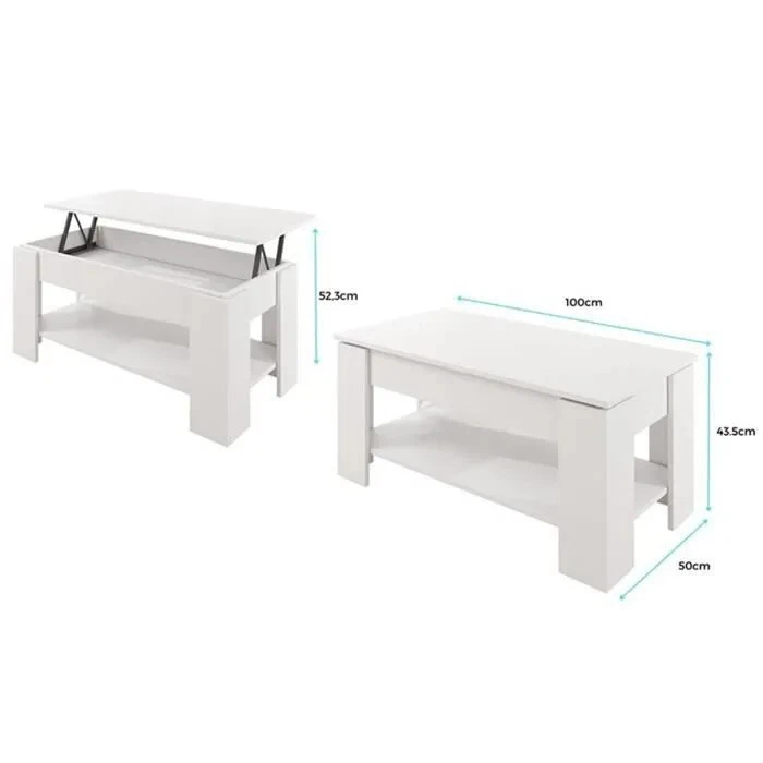 Table basse relevable | 100 x 50 x 43,5 (52,3) cm | Blanc Finition brillante | N - Photo 3/3