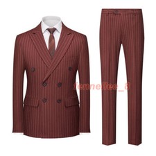 Burgundy Pinstripe Men Suits 2 Piece Slim Fit Business Wedding Groom Formal Wear