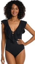 NWT La Blanca Island Goddess Plunge Tummy Control One Piece Swim Womens 12 Black
