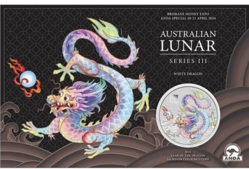 2024 Brisbane ANDA Money Expo - 1oz Silver .999 Dragon WHITE Coloured Coin - Picture 1 of 1