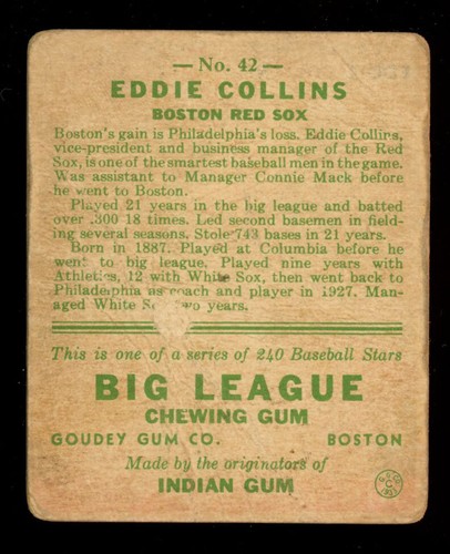 1933 Goudey 42 Eddie Collins Boston Red Sox - Picture 2 of 2